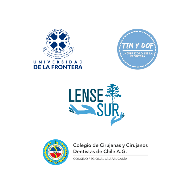 Logos de entidades participantes en el desarrollo del Manual interactivo de lenguaje de Señas: UFRO , Especialidad de TTM y DOF UFRO, LENSE SUR, Colegio de Dentistas Temuco